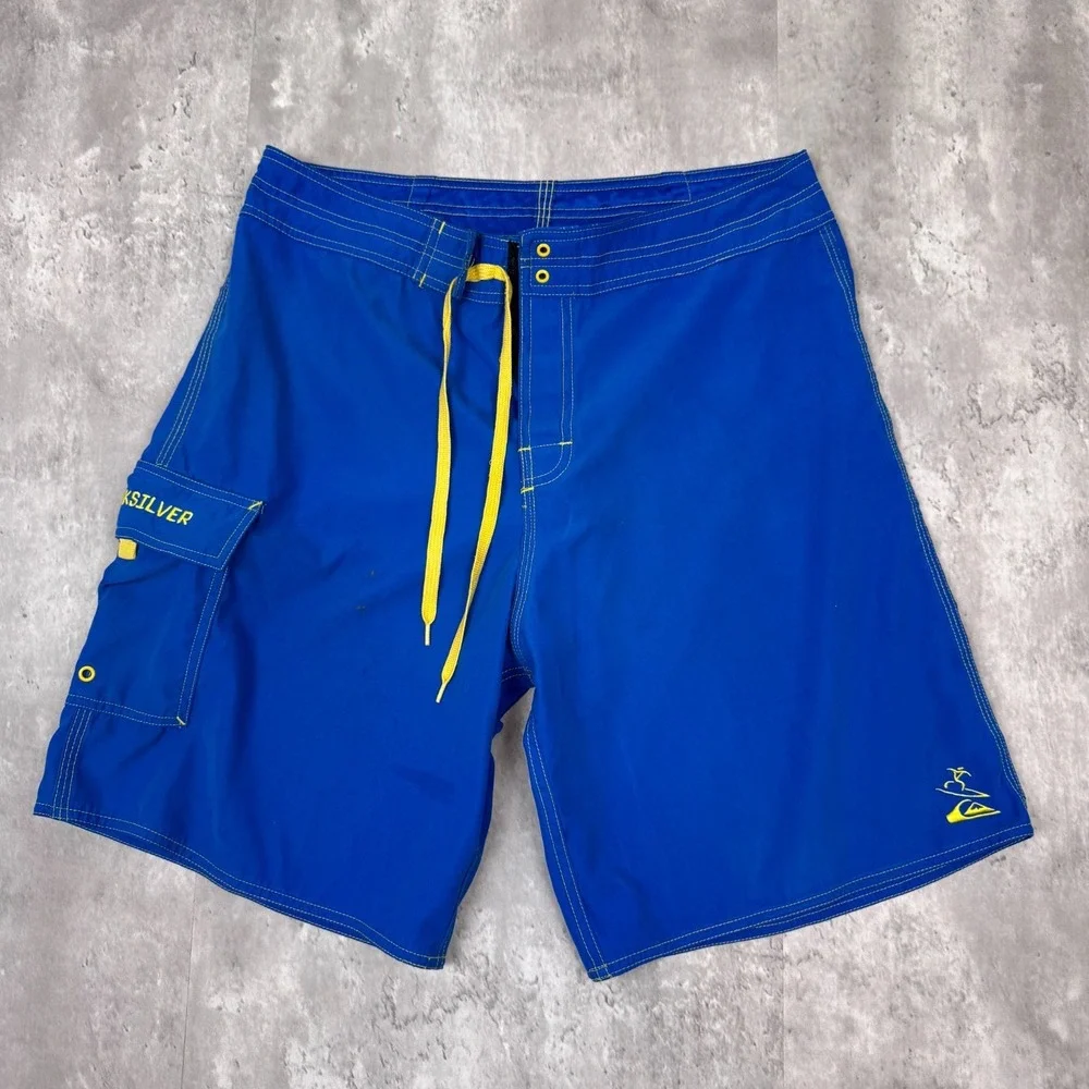 Vintage Quiksilver Board Shorts Mens 33 Blue Yellow Surf Swim Trunks Skate Y2K
